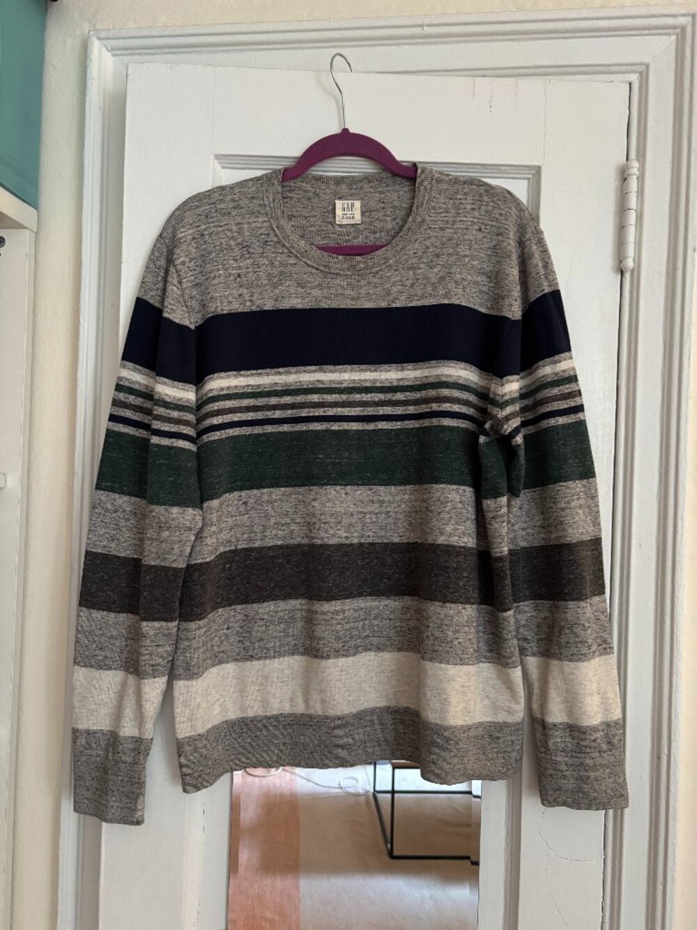 GAP Men's Striped Crewneck Sweater Gray Green Navy Cotton Blend Size L